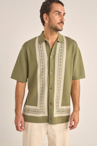 Sage Loma Knitted Short Sleeve Shirt – Jacquard Detail 100% Cotton