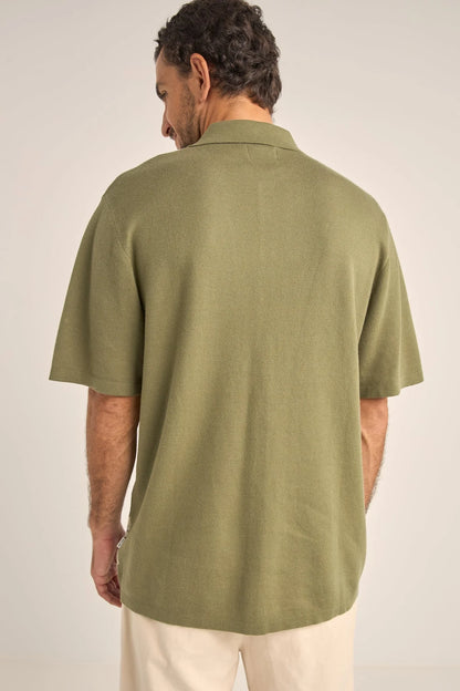 Sage Loma Knitted Short Sleeve Shirt – Jacquard Detail 100% Cotton