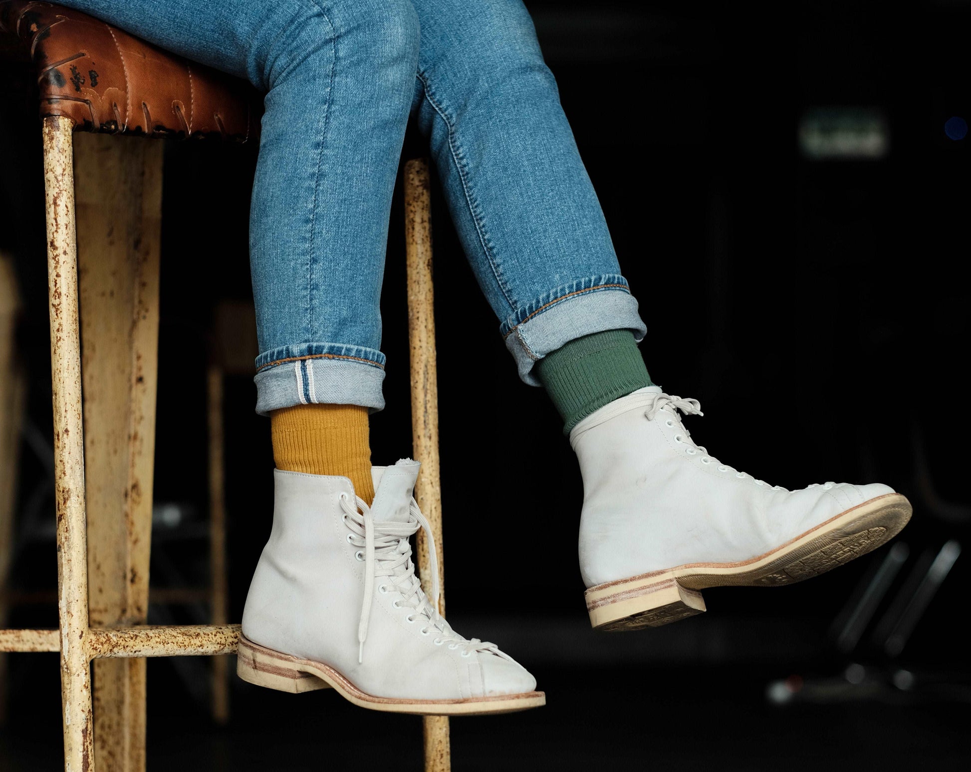 white boots with faye socks in mustard and green color