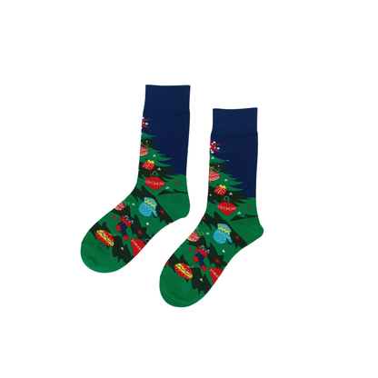 Green Christmas tree and ornament pattern cotton socks with navy cuff – Christmas Tree Lights by ComfySocks