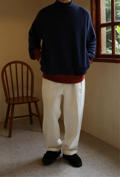 High-Waisted White Linen Cotton Double Pleated Pants Comfysocks