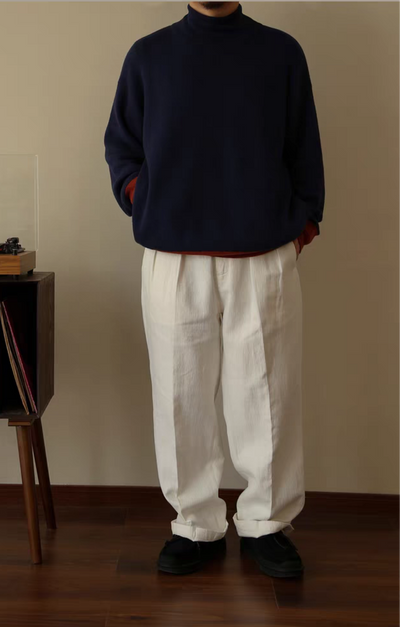 High-Waisted White Linen Cotton Double Pleated Pants Comfysocks