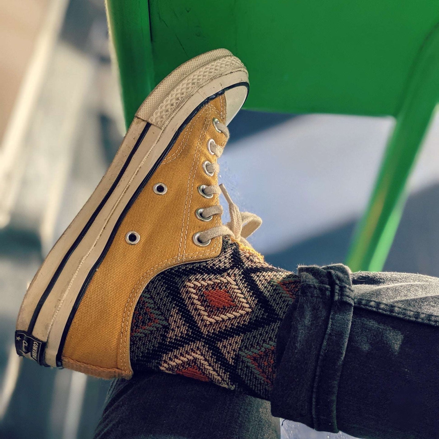 mustard converse with mosaic black socks