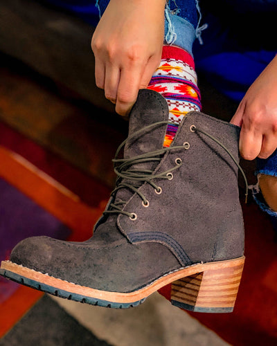 women heel boots with red and white tribal sock 
