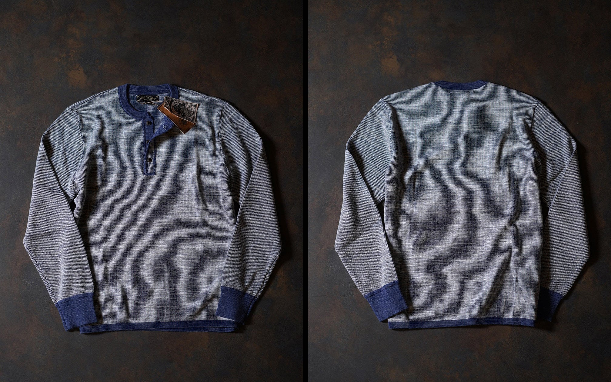 Flat lay of indigo waffle henley long sleeve highlighting classic henley neckline