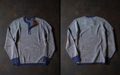 Flat lay of indigo waffle henley long sleeve highlighting classic henley neckline