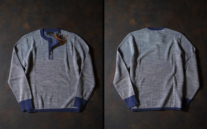 Flat lay of indigo waffle henley long sleeve highlighting classic henley neckline