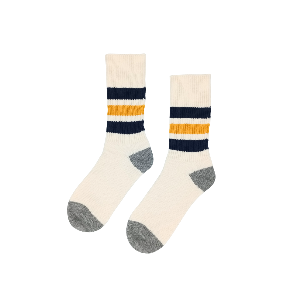 Riki Socks Yellow – retro striped cotton crew socks with navy and yellow bands