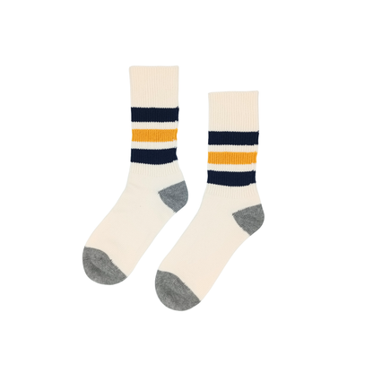 Riki Socks Yellow – retro striped cotton crew socks with navy and yellow bands