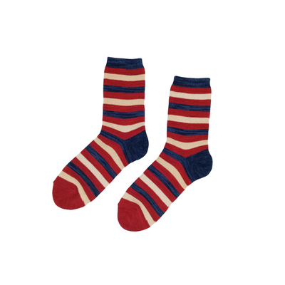 Rio Stripe Red cotton crew socks featuring vibrant red, navy, and cream stripes on white background.