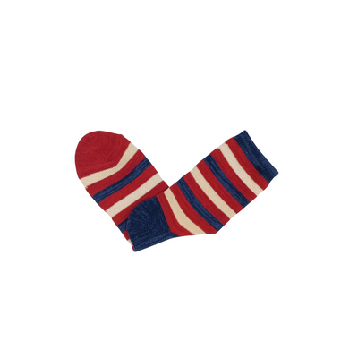 Colorful patterned crew socks in red and navy stripe design, unisex cotton socks on white background.