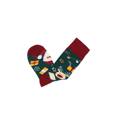 Green Christmas socks with Santa, gifts, candy canes, and snowflakes – Santa’s Gift Box by ComfySocks 2