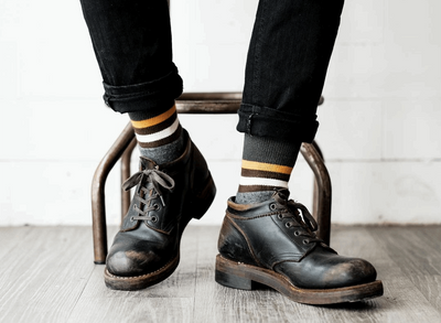 green and grey stripe socks with black leather shoes Comfysocks 