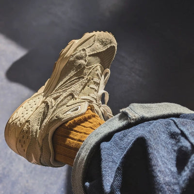 Alfred knitted mustard socks with mizuno sneakers