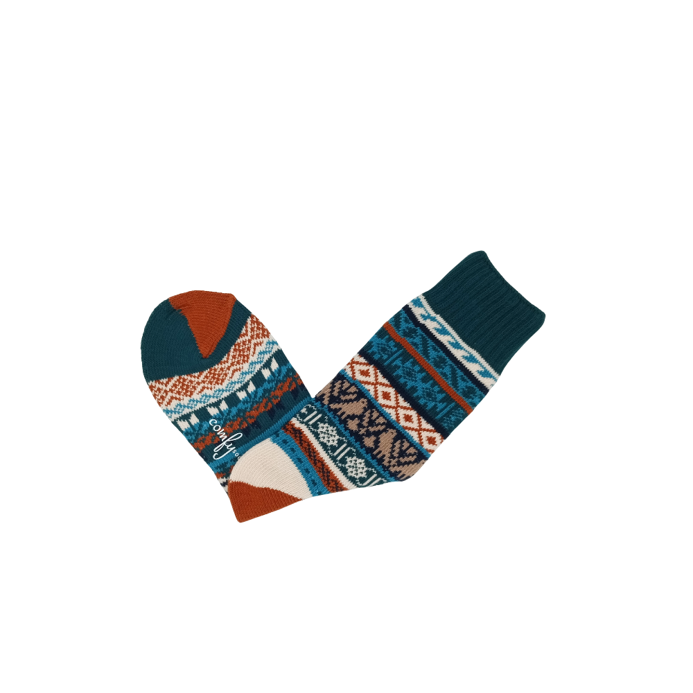 Pair of thick Boi Socks flat lay on white background