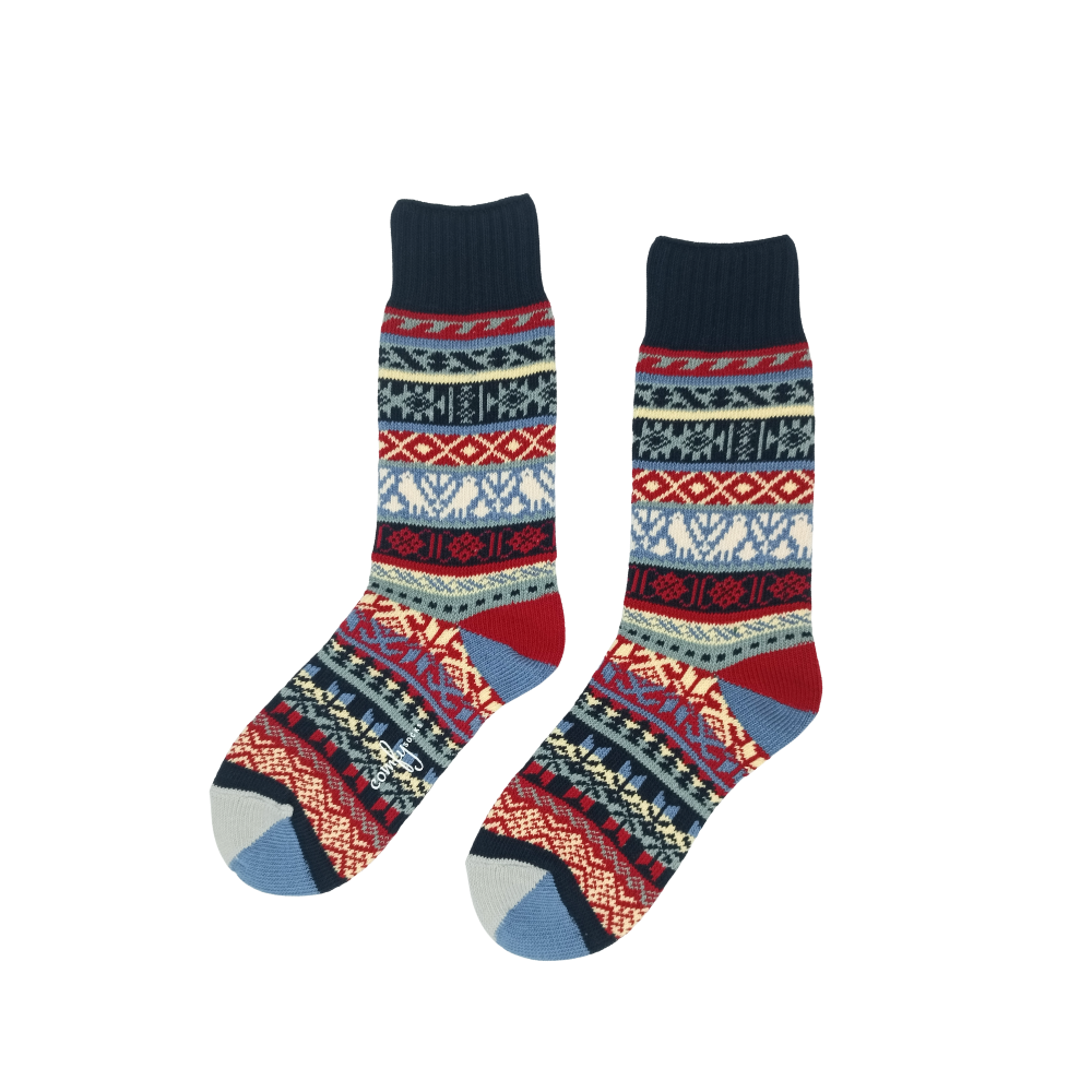 boi tribal pattern socks blue red thick – product on white background
