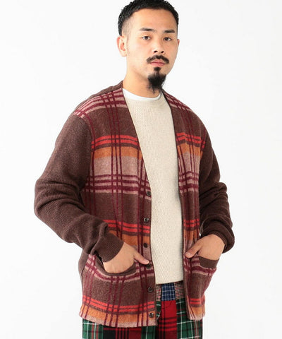BEAMS PLUS Shaggy Jacquard Check Cardigan – Premium Wool Soft Knit