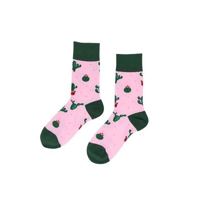 Pink cactus pattern cotton socks with green cuff – Cactus Garden by ComfySocks