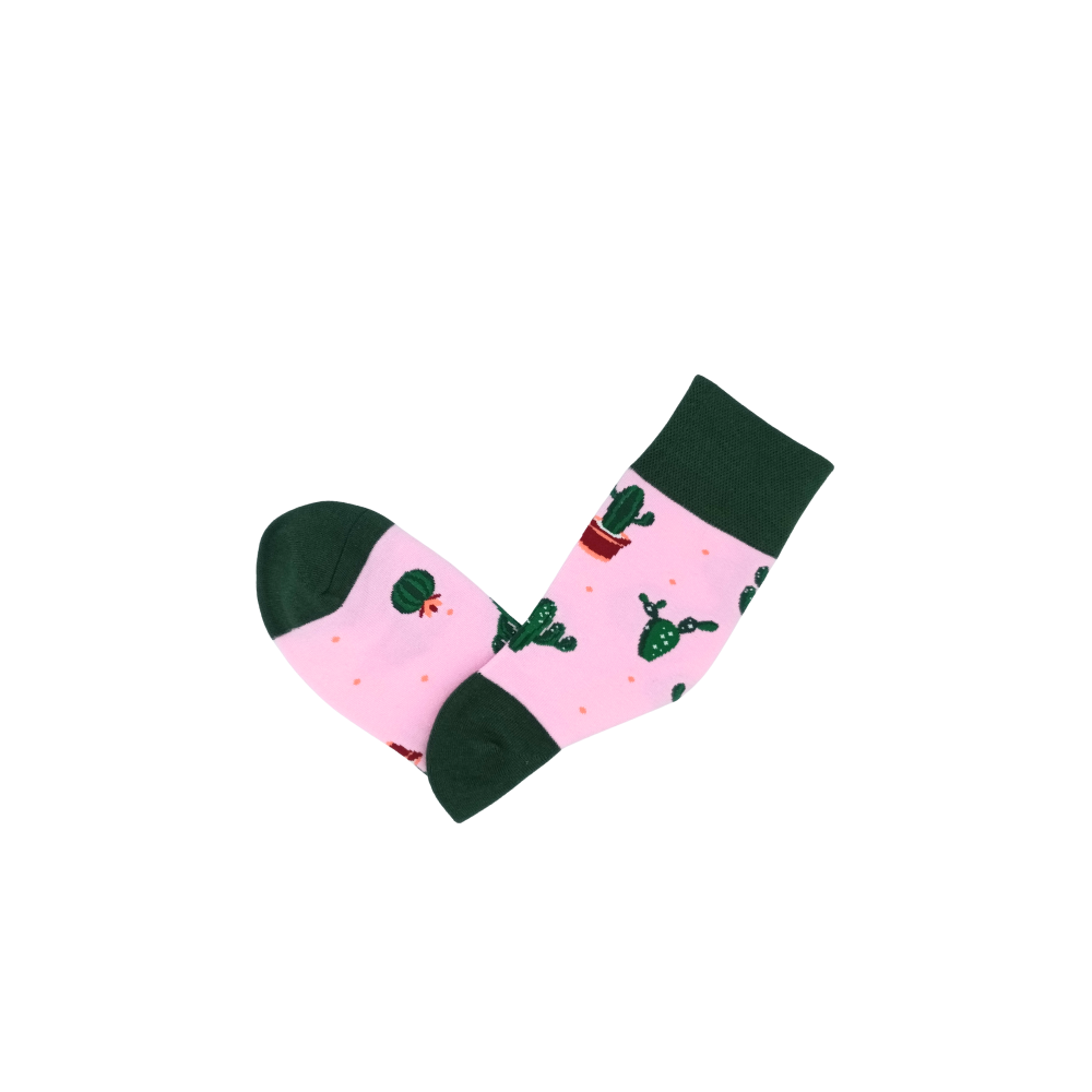 Pink cactus pattern cotton socks with green cuff – Cactus Garden by ComfySocks