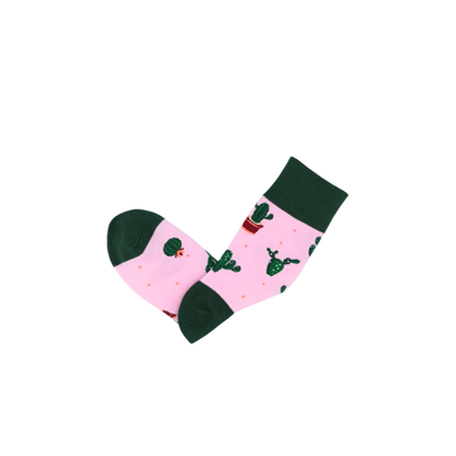 Pink cactus pattern cotton socks with green cuff – Cactus Garden by ComfySocks