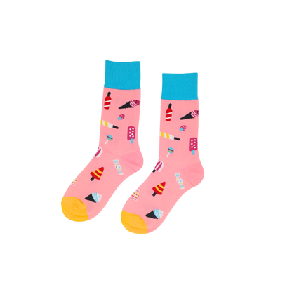 Candy Pop Socks in pink with colourful candy pattern on white background

Pink cotton crew socks with candy and ice-lolly design