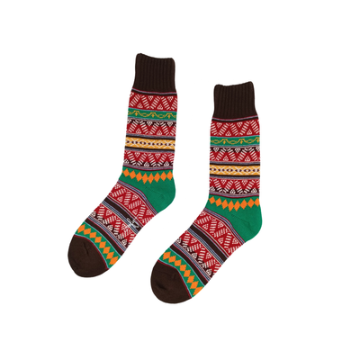 Red multicolor tribal crew socks with zigzag and diamond patterns in navy yellow and olive green
