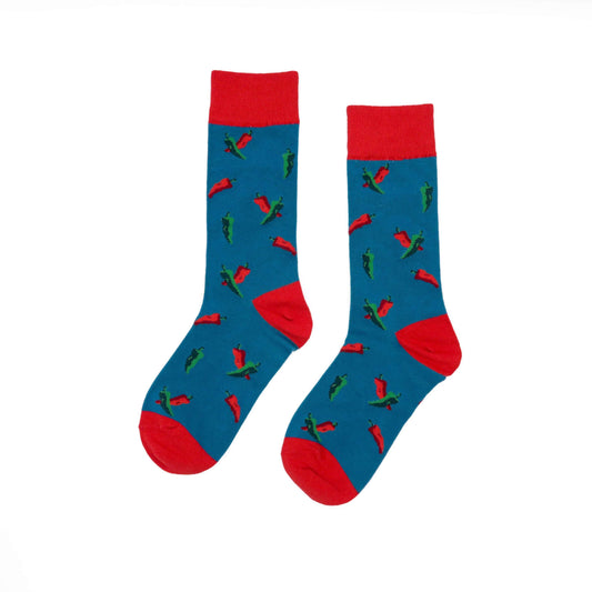 chili in blue and red cotton crew socks