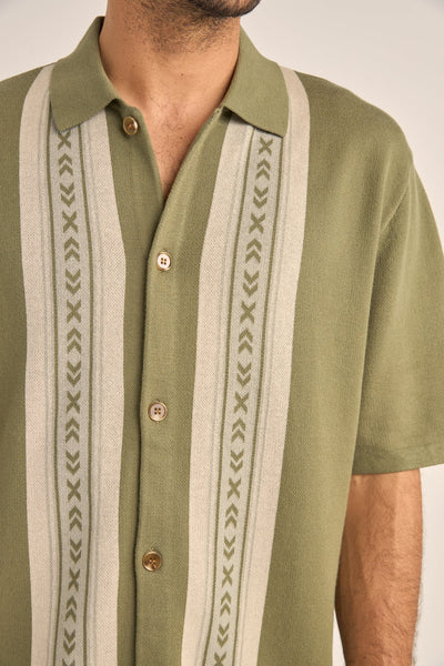 Sage Loma Knitted Short Sleeve Shirt – Jacquard Detail 100% Cotton