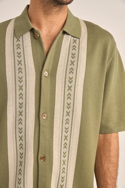 Sage Loma Knitted Short Sleeve Shirt – Jacquard Detail 100% Cotton