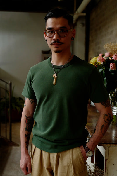 Model  wearing Forest Green American Cotton crewneck T-shirt