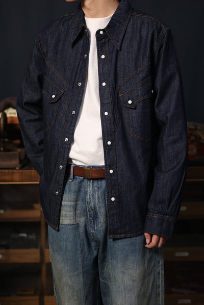Cowboy Western Snap Shirt in dark denim with white tee