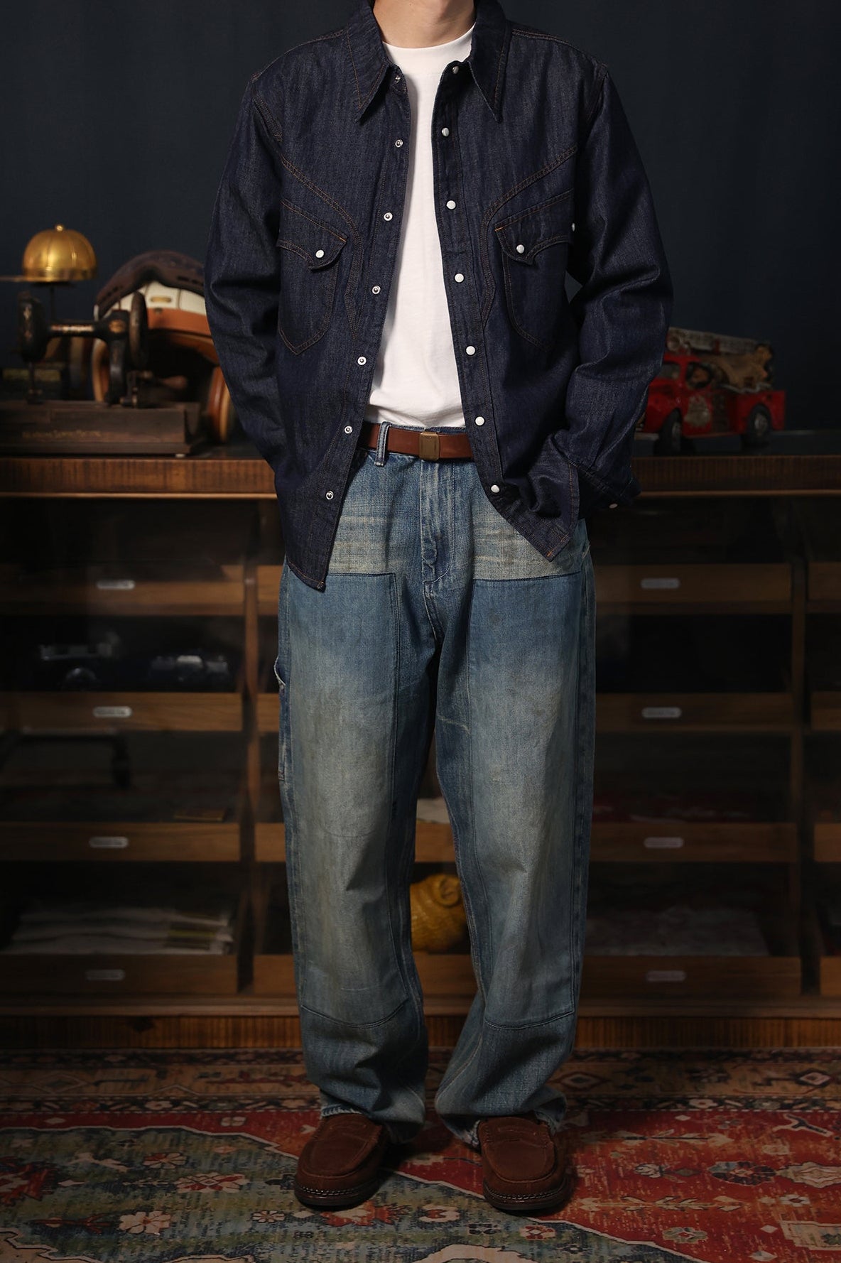 Denim Western shirt styled with vintage jeans and belt