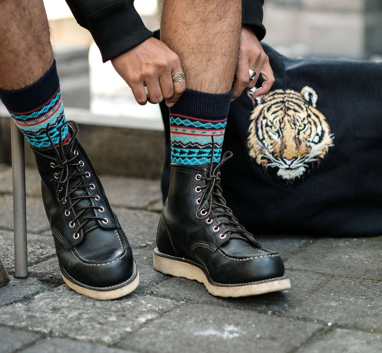 Dylan navy tribal socks with black red wing boots comfysocks