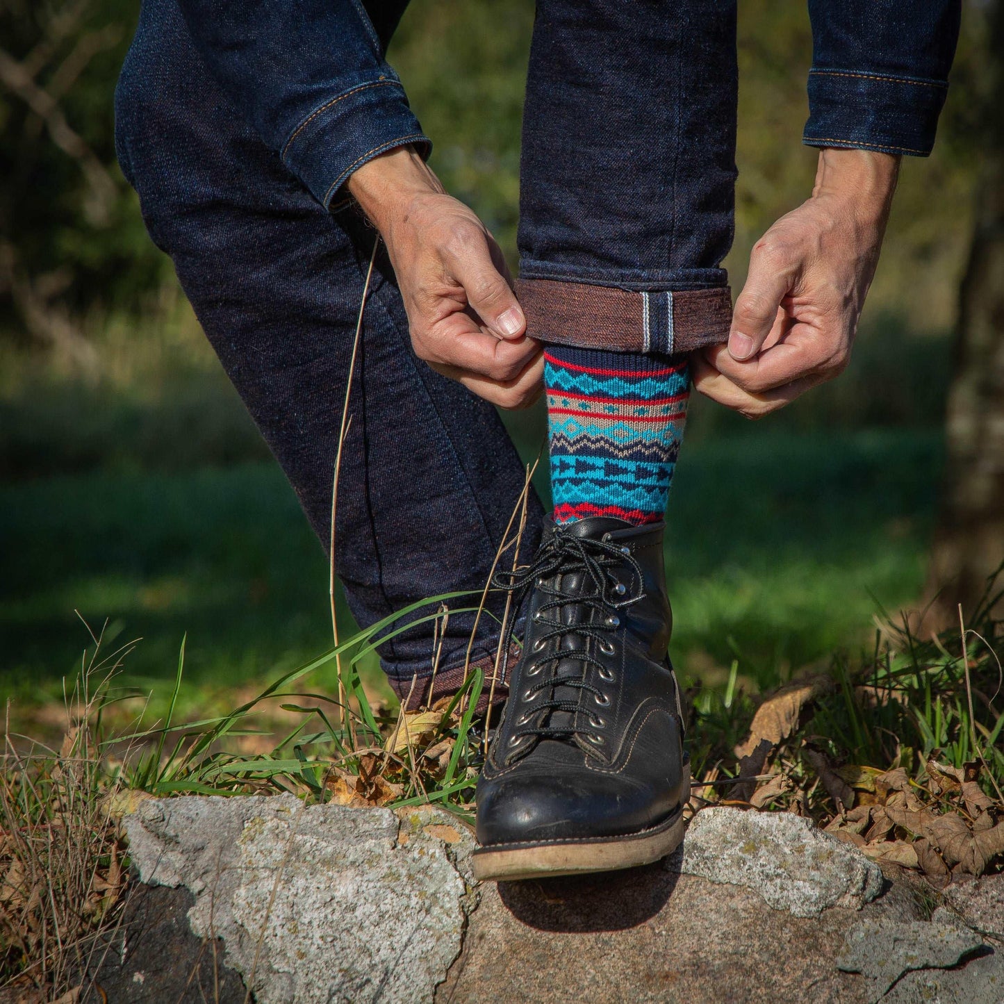 Redwing black boots with triangle and stripe pattern navy socks