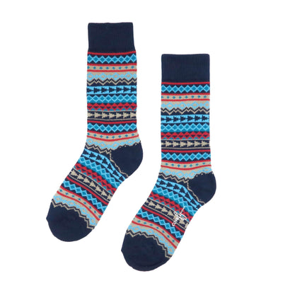 Funky navy crew socks with bold stripe detail on white background.