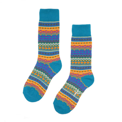 teal color with orange and purple pattern tribal socks
