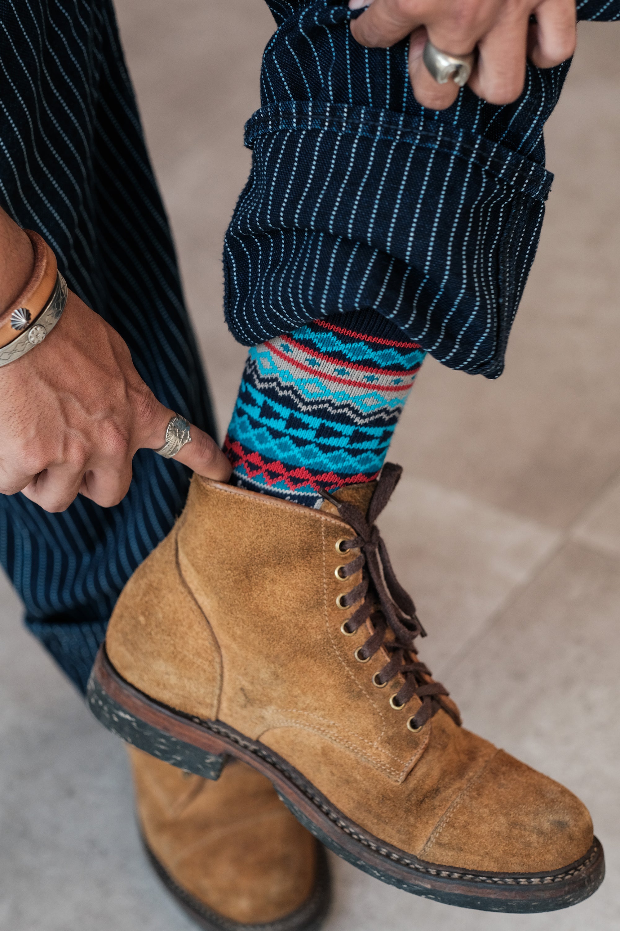 dylan blue tribal socks with khaki boots