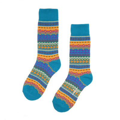  Funky teal crew socks with bold stripe design on white background.