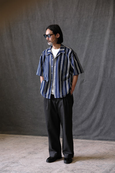 Navy Jacquard Cuban Collar Shirt – Men’s Cotton Linen Summer Top