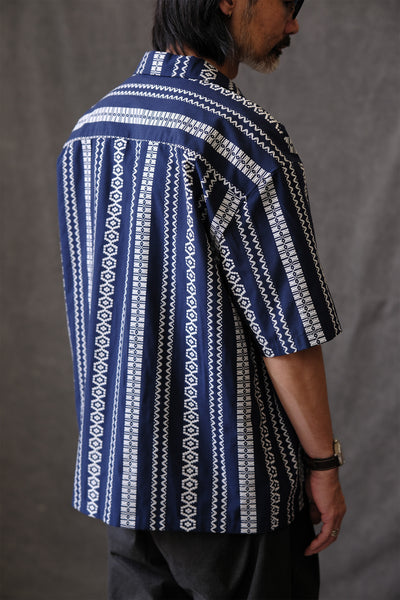 Navy Jacquard Cuban Collar Shirt – Men’s Cotton Linen Summer Top