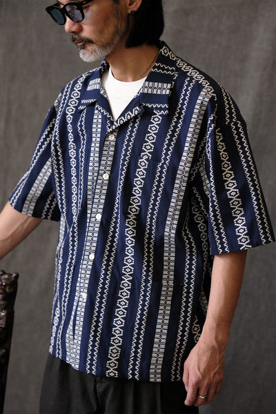 Navy Jacquard Cuban Collar Shirt – Men’s Cotton Linen Summer Top