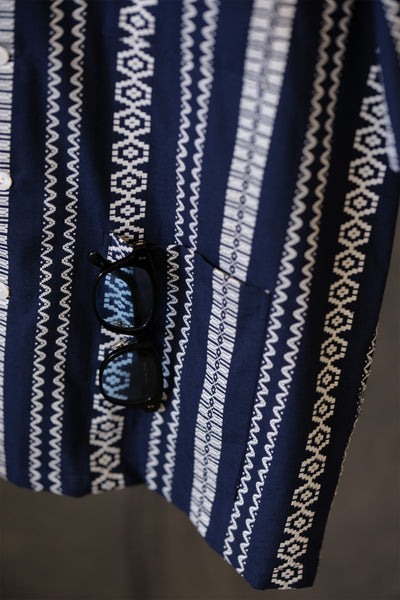 Navy Jacquard Cuban Collar Shirt – Men’s Cotton Linen Summer Top