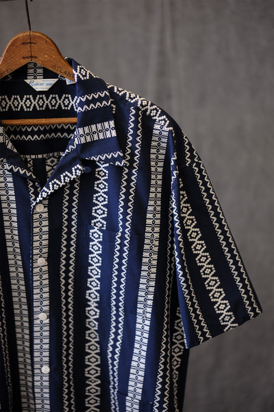 Navy Jacquard Cuban Collar Shirt – Men’s Cotton Linen Summer Top