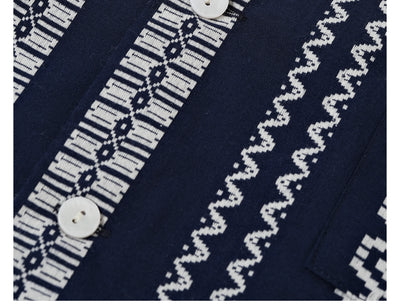 Navy Jacquard Cuban Collar Shirt – Men’s Cotton Linen Summer Top