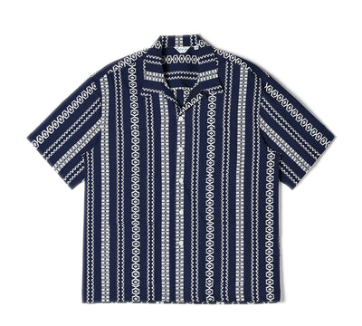 Navy Jacquard Cuban Collar Shirt – Men’s Cotton Linen Summer Top