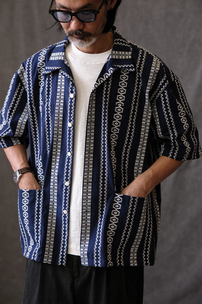 Navy Jacquard Cuban Collar Shirt – Men’s Cotton Linen Summer Top