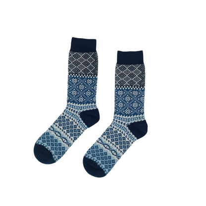 Blue and navy geometric pattern cotton socks on white backdrop