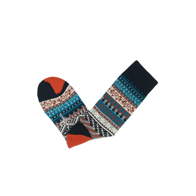 Cool thick cotton socks with colorful tribal pattern folded flat, front view.