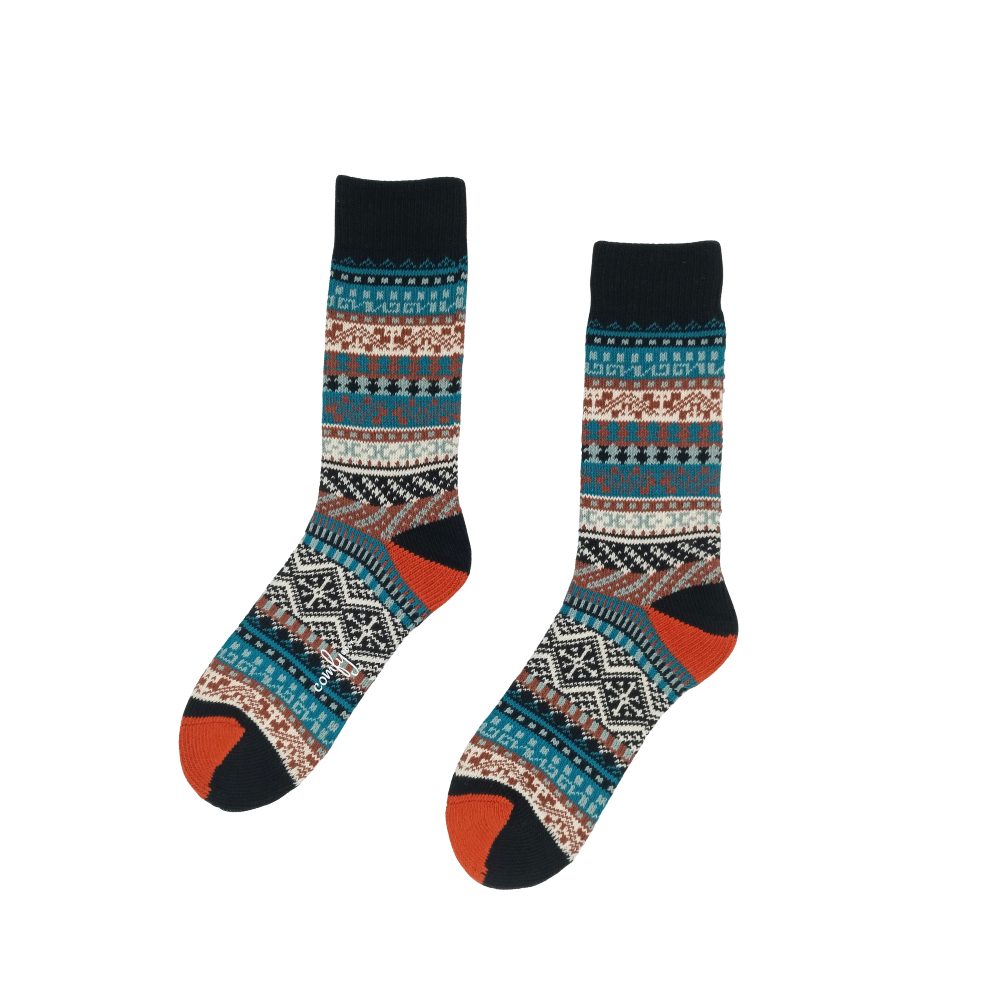 Furuto tribal patterned cotton crew socks in navy, teal, and rust on white background.