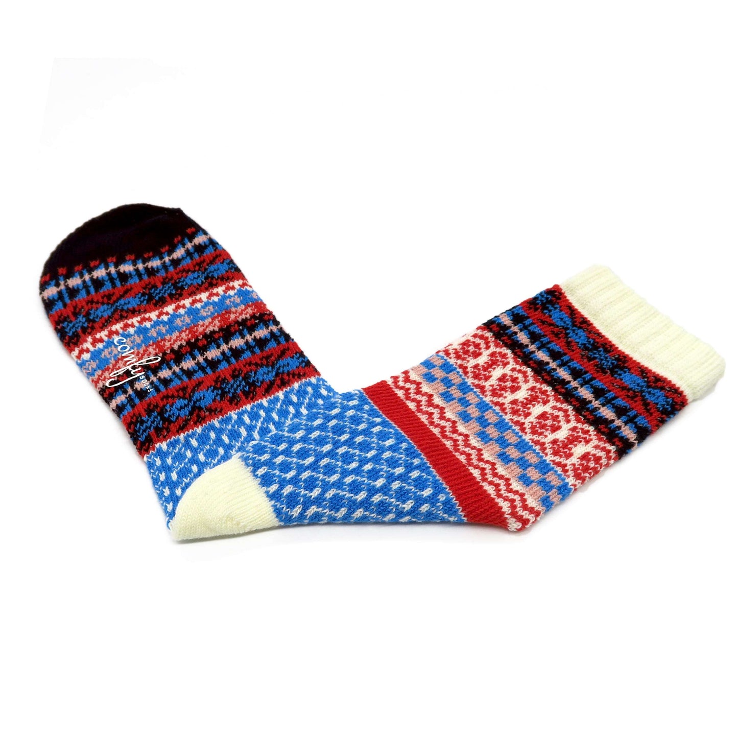 tribal pattern socks - white, blue and red color